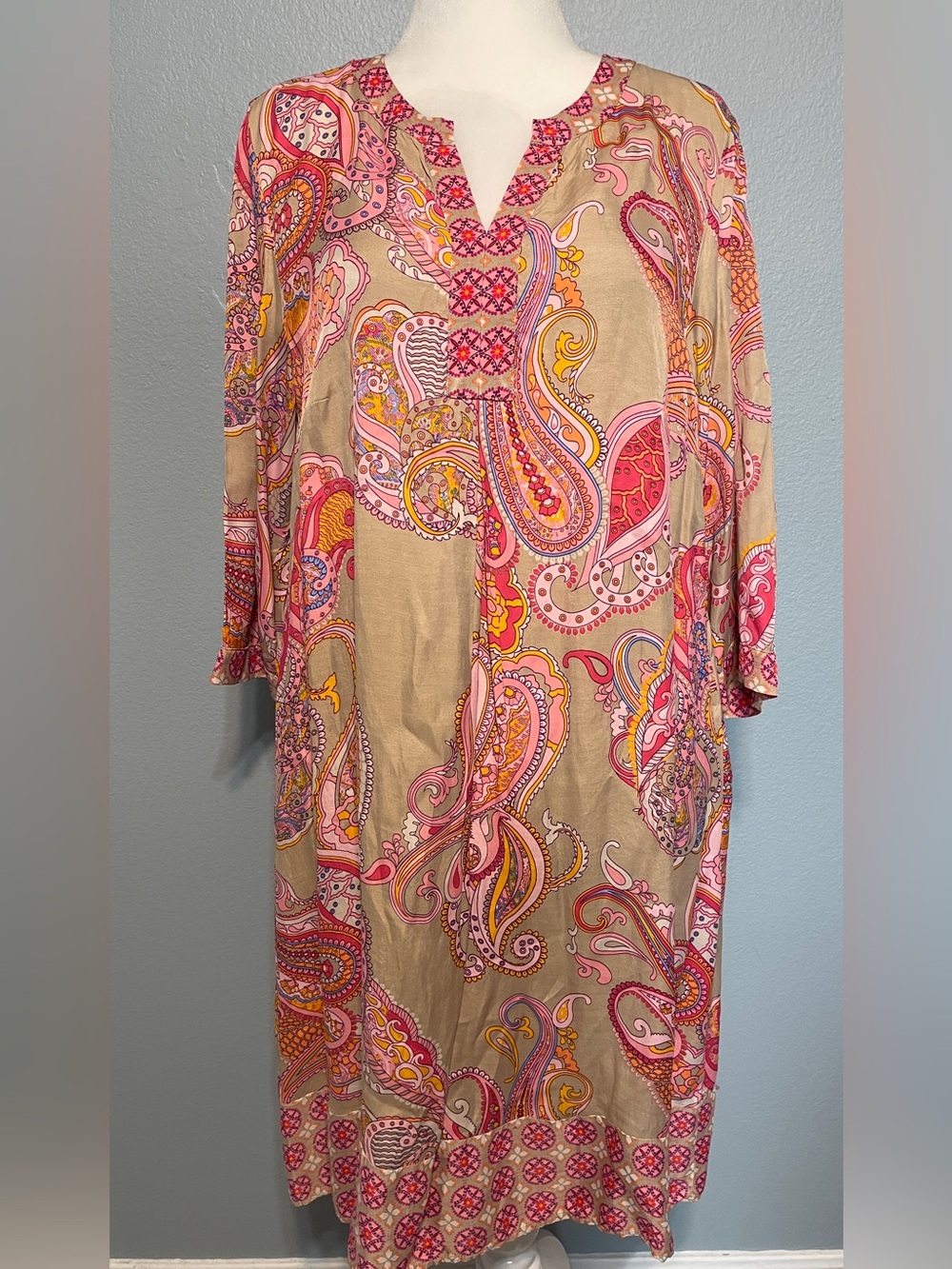 Betty Barclay Paisley Tunic Dress Pink Boho Shift Midi Resort 70s Artsy Size 16